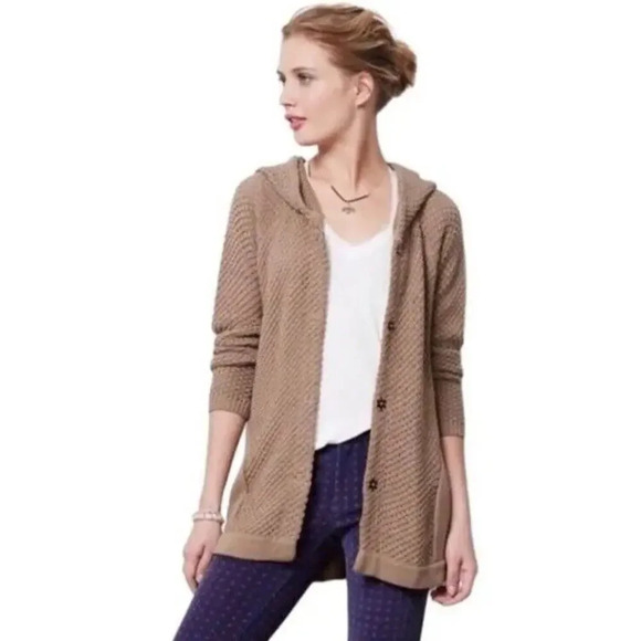 Anthropologie Sparrow Brown Knit Hooded Snap Up Pocket Cardigan Sweater Small - Picture 2 of 12